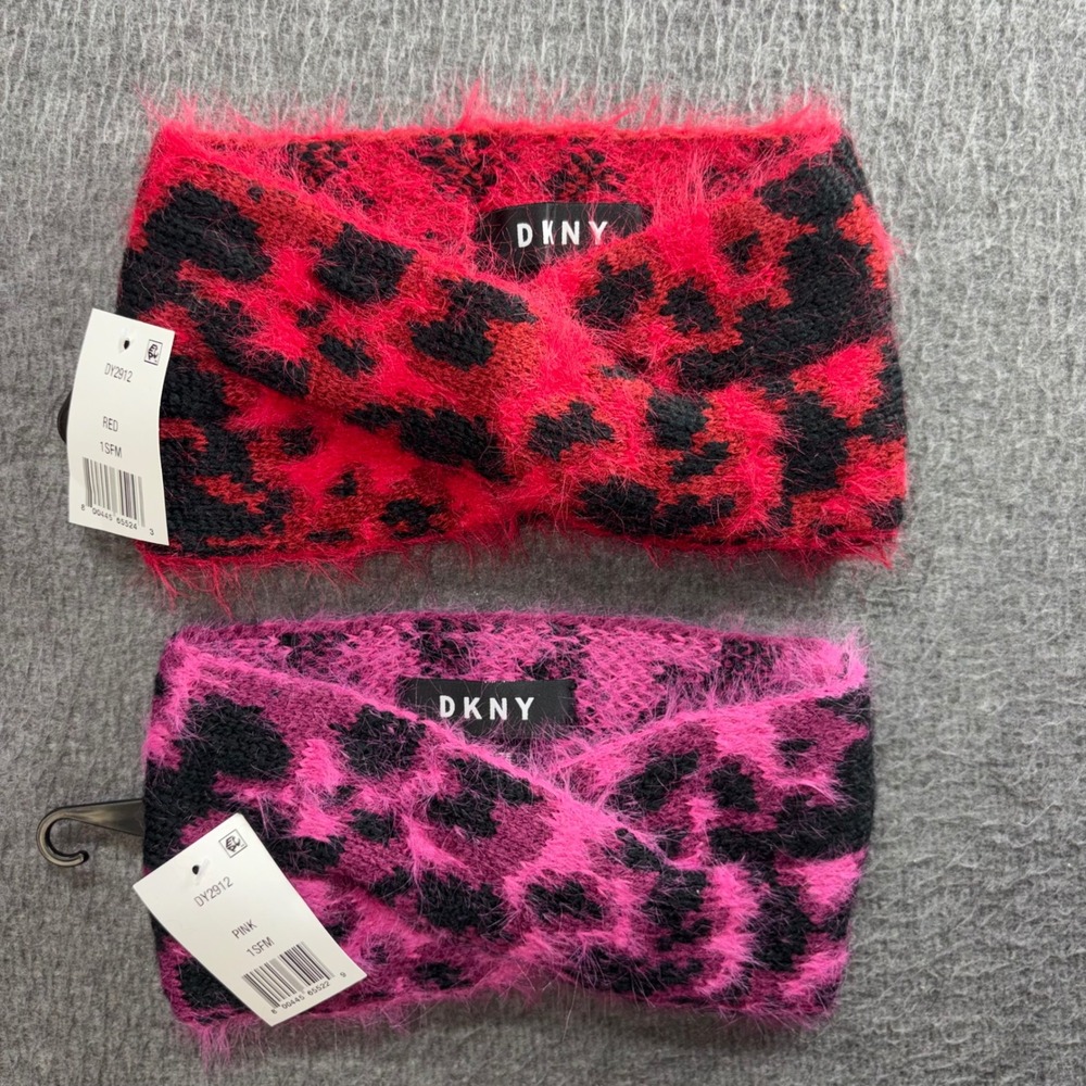 DKNY 2 Pack Leopard Print Fuzzy Headbands Red Pink Twisted Ear Warmer DY2912 NWT